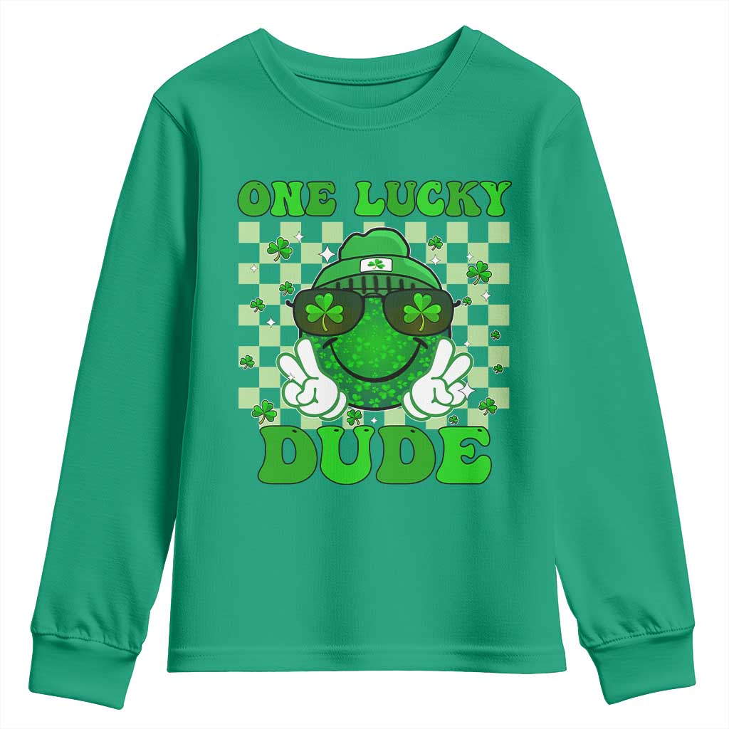 Funny One Lucky Dude St Patrick's Day Youth Sweatshirt Checkerboard Shamrock TS11 Irish Green Print Your Wear