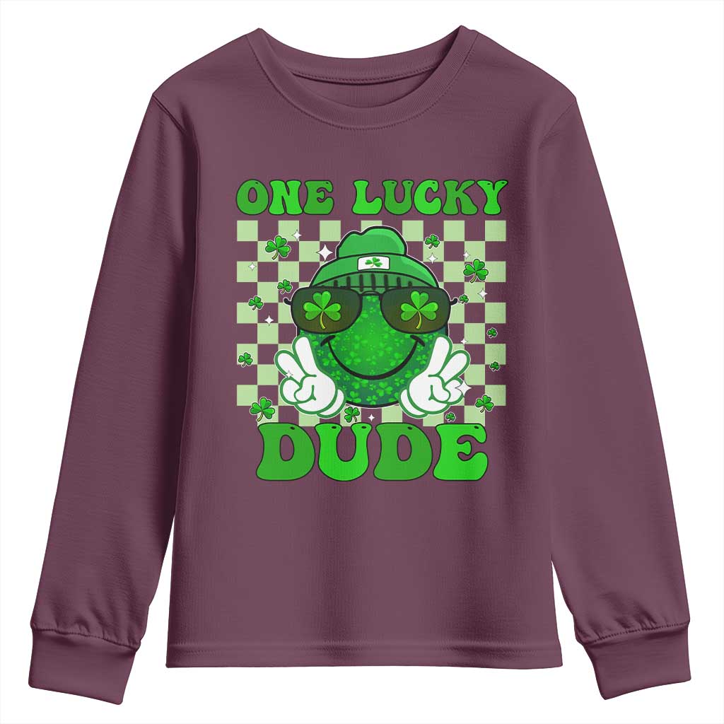 Funny One Lucky Dude St Patrick's Day Youth Sweatshirt Checkerboard Shamrock TS11 Maroon Print Your Wear