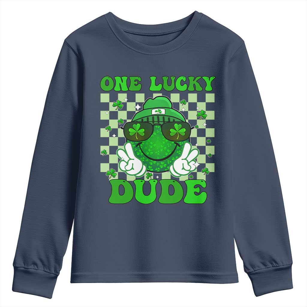 Funny One Lucky Dude St Patrick's Day Youth Sweatshirt Checkerboard Shamrock TS11 Navy Print Your Wear
