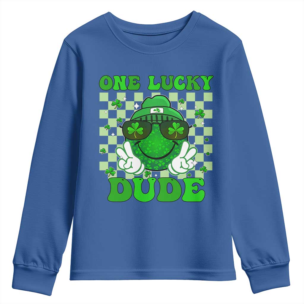 Funny One Lucky Dude St Patrick's Day Youth Sweatshirt Checkerboard Shamrock TS11 Royal Blue Print Your Wear