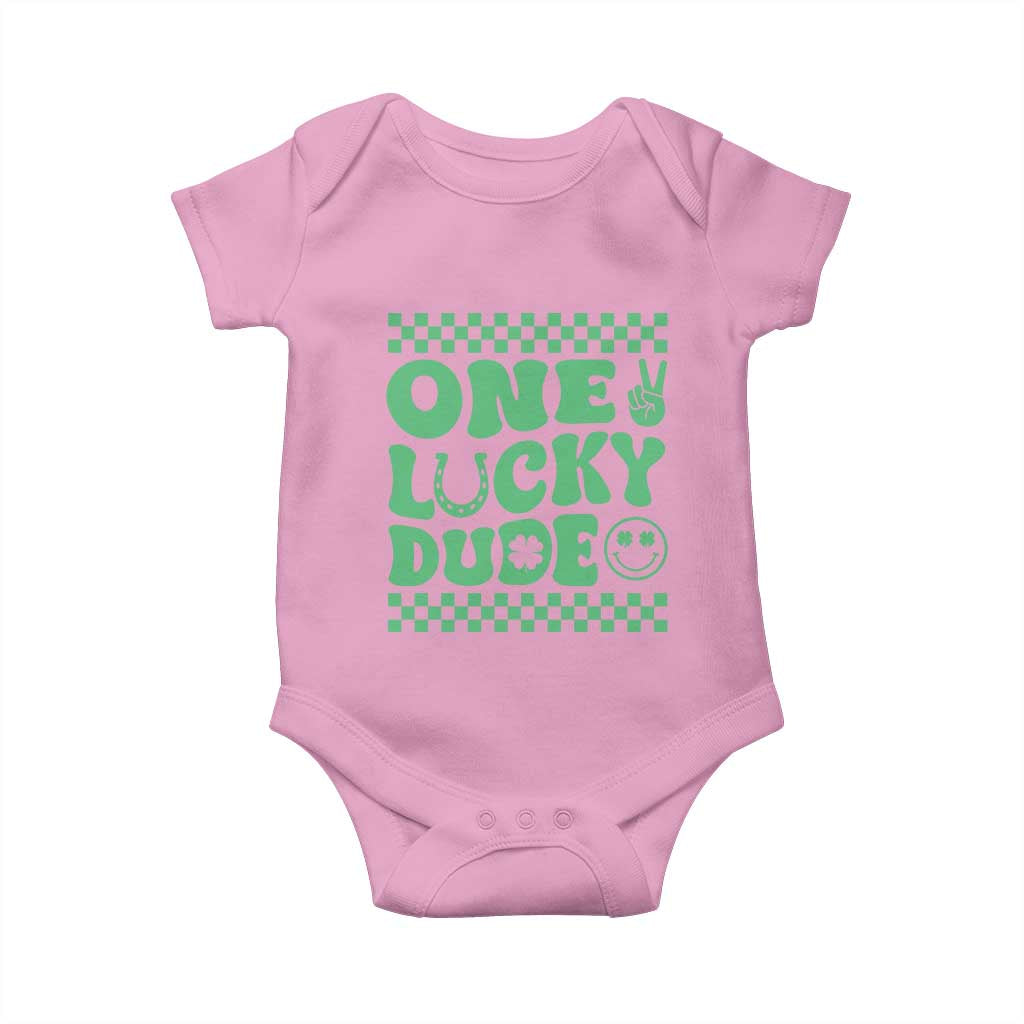 Funny One Lucky Dude Baby Onesie St Patrick's Day Clover Horseshoe TS11 Light Pink Print Your Wear