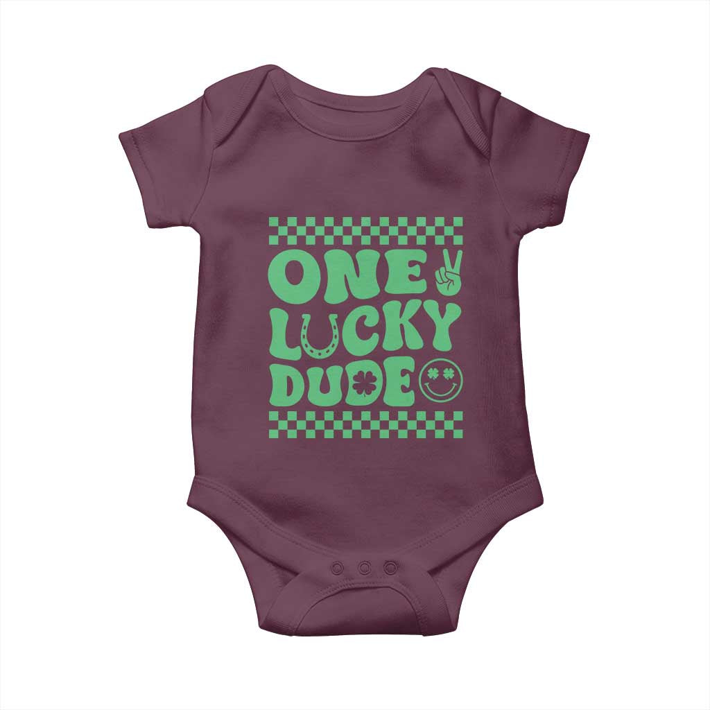 Funny One Lucky Dude Baby Onesie St Patrick's Day Clover Horseshoe TS11 Maroon Print Your Wear