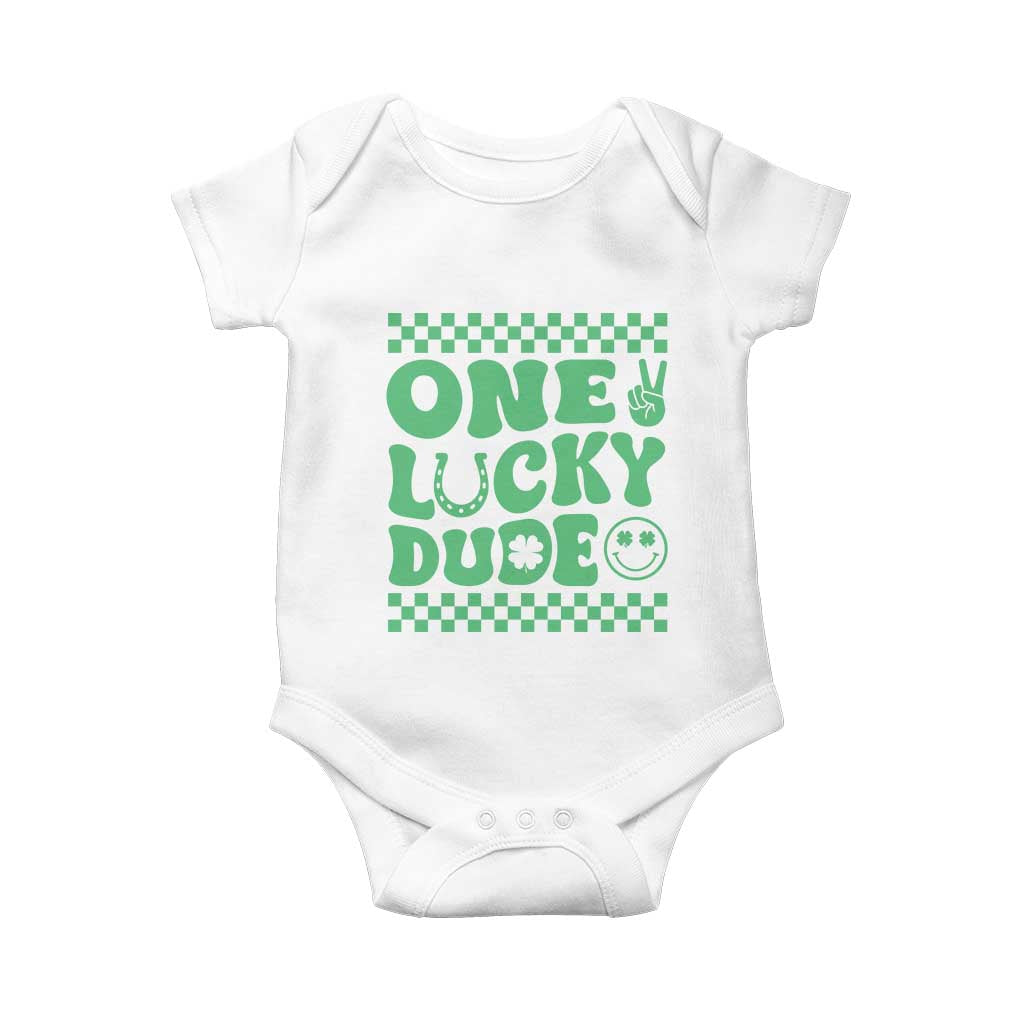 Funny One Lucky Dude Baby Onesie St Patrick's Day Clover Horseshoe TS11 White Print Your Wear