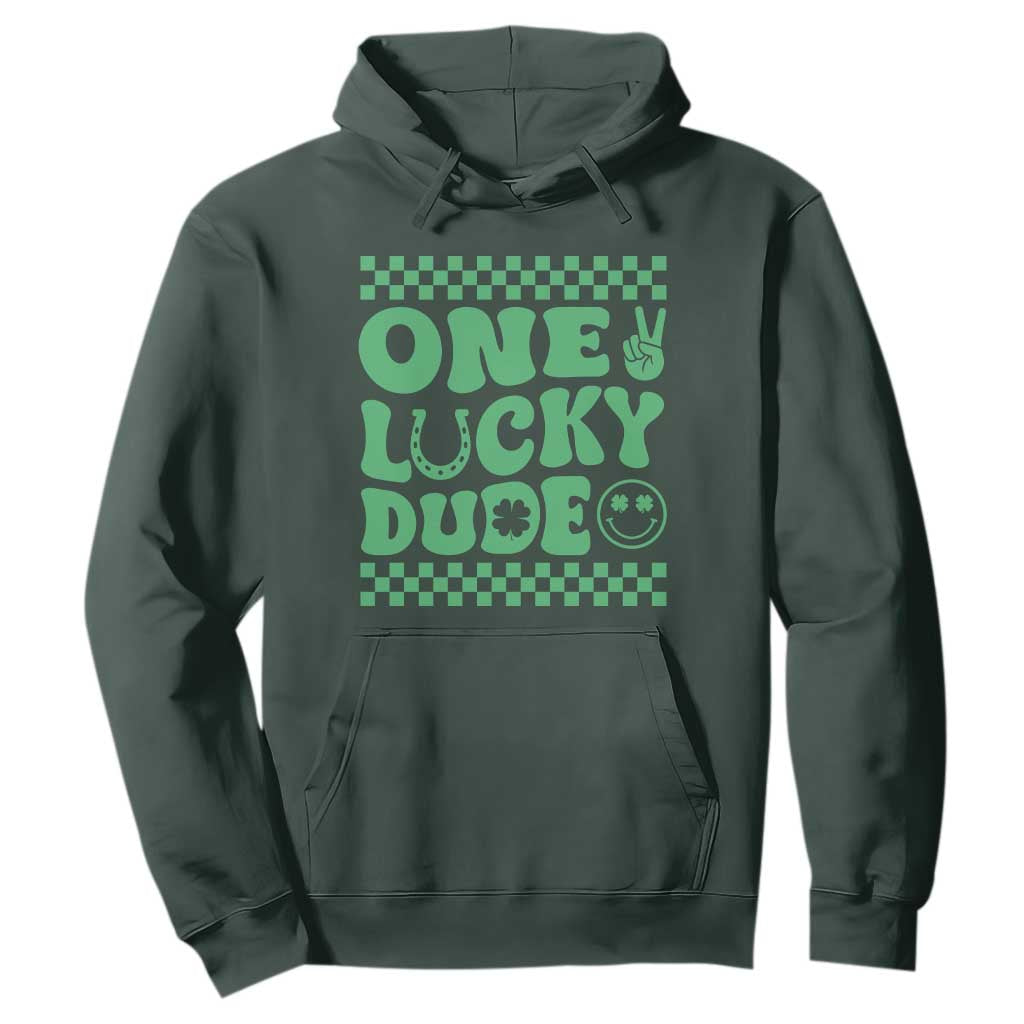 Funny One Lucky Dude Hoodie St Patrick's Day Clover Horseshoe TS11 Dark Forest Green Print Your Wear