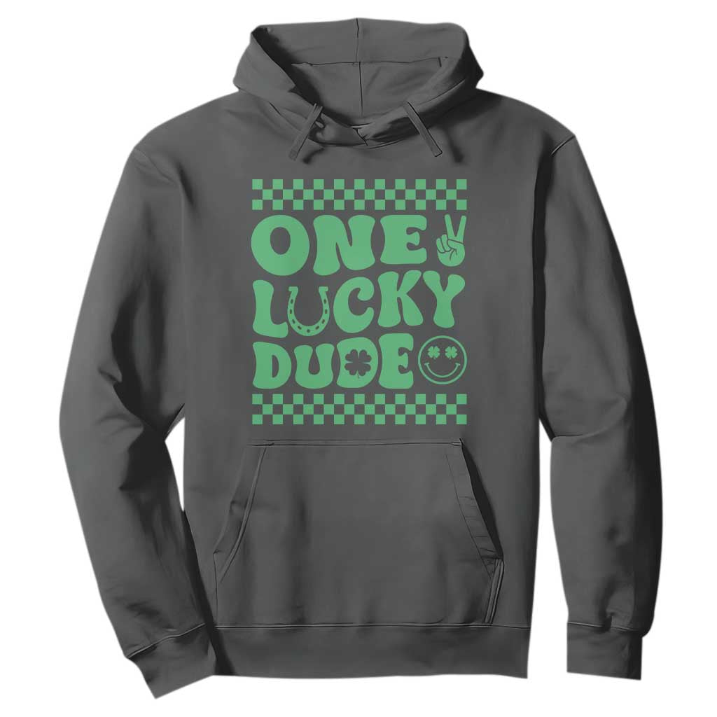 Funny One Lucky Dude Hoodie St Patrick's Day Clover Horseshoe TS11 Dark Heather Print Your Wear
