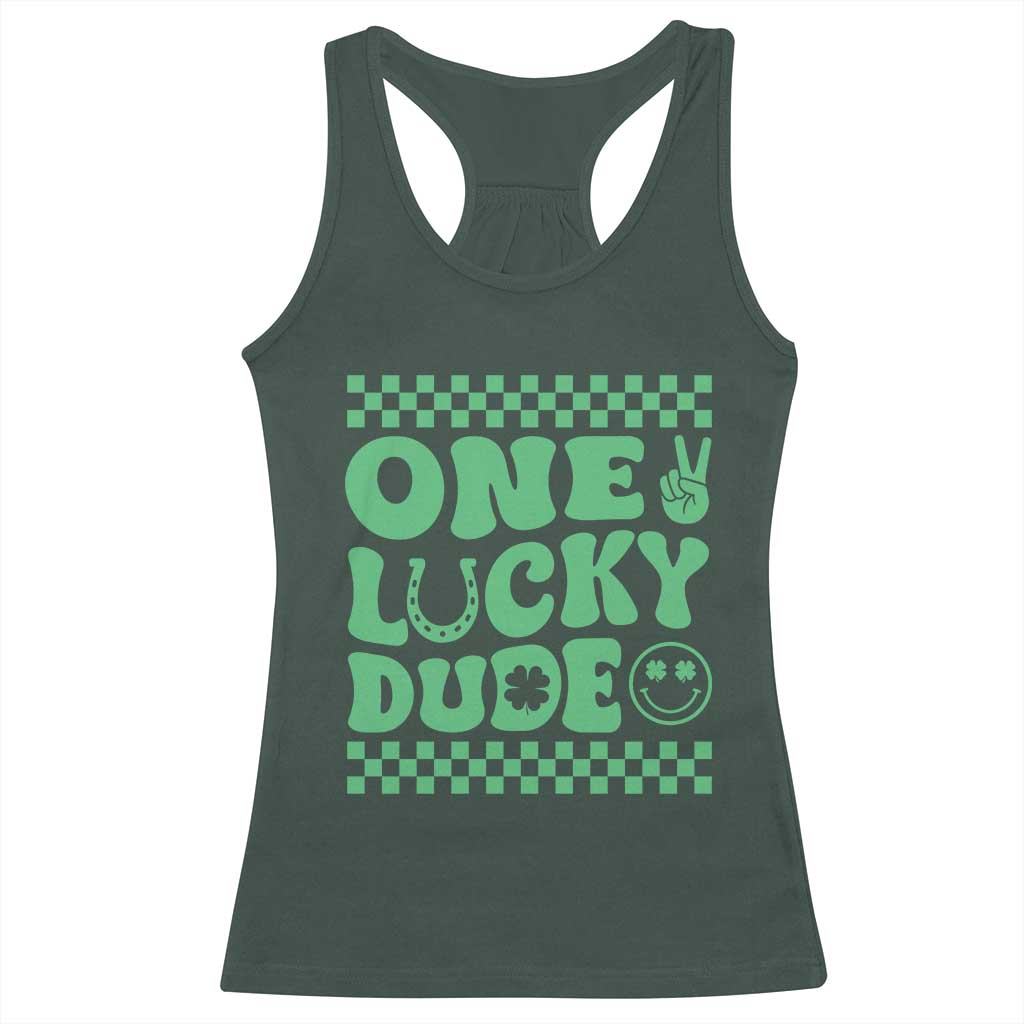 Funny One Lucky Dude Racerback Tank Top St Patrick's Day Clover Horseshoe TS11 Dark Forest Green Print Your Wear