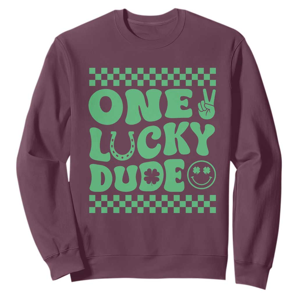 Funny One Lucky Dude Sweatshirt St Patrick's Day Clover Horseshoe TS11 Maroon Print Your Wear
