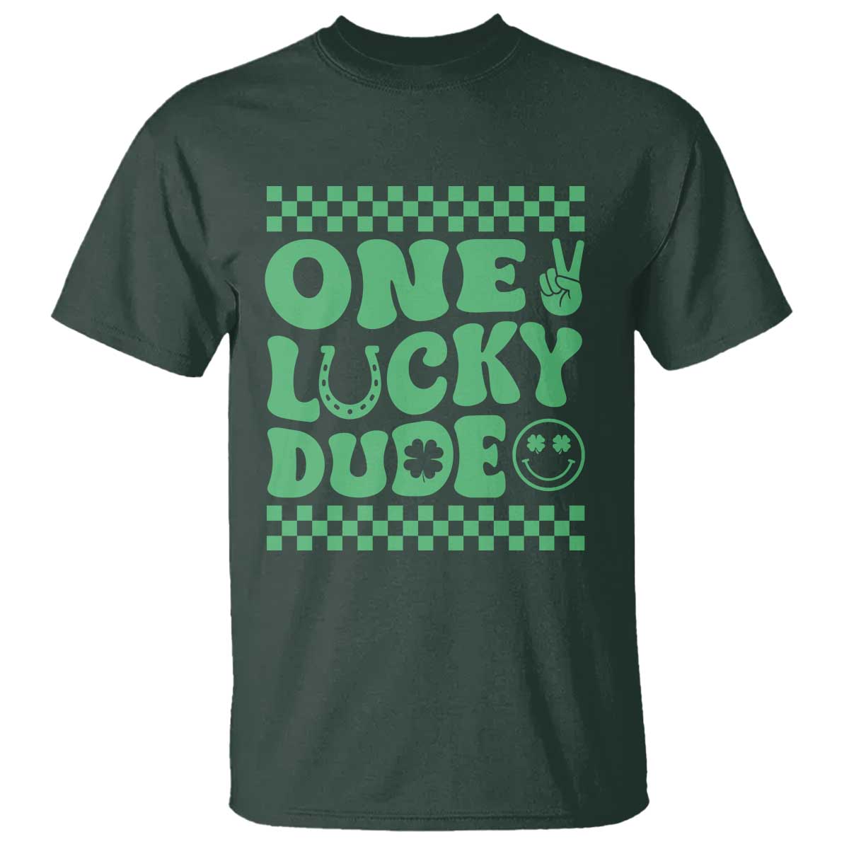 Funny One Lucky Dude T Shirt St Patrick's Day Clover Horseshoe TS11 Dark Forest Green Print Your Wear