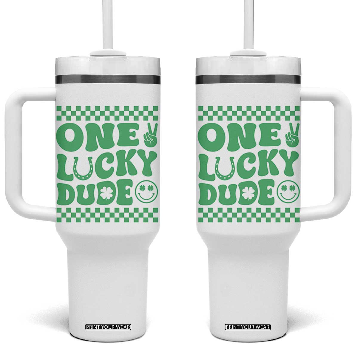 Funny One Lucky Dude Tumbler With Handle St Patrick's Day Clover Horseshoe TS11 One Size: 40 oz White Print Your Wear