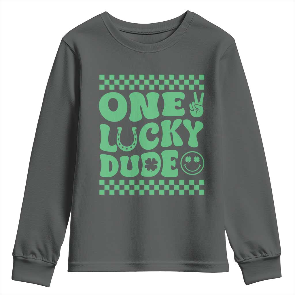 Funny One Lucky Dude Youth Sweatshirt St Patrick's Day Clover Horseshoe TS11 Dark Heather Print Your Wear