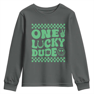 Funny One Lucky Dude Youth Sweatshirt St Patrick's Day Clover Horseshoe TS11 Dark Heather Print Your Wear