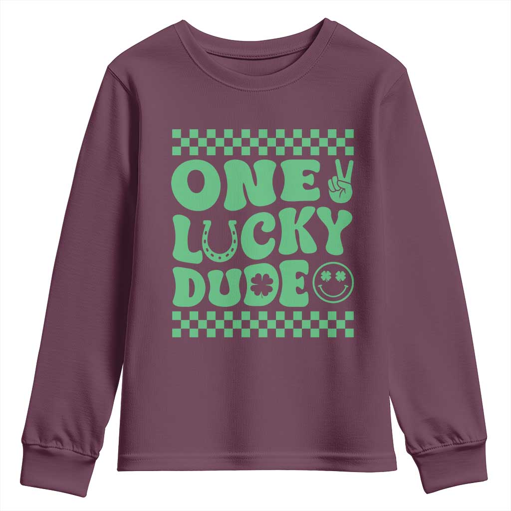 Funny One Lucky Dude Youth Sweatshirt St Patrick's Day Clover Horseshoe TS11 Maroon Print Your Wear