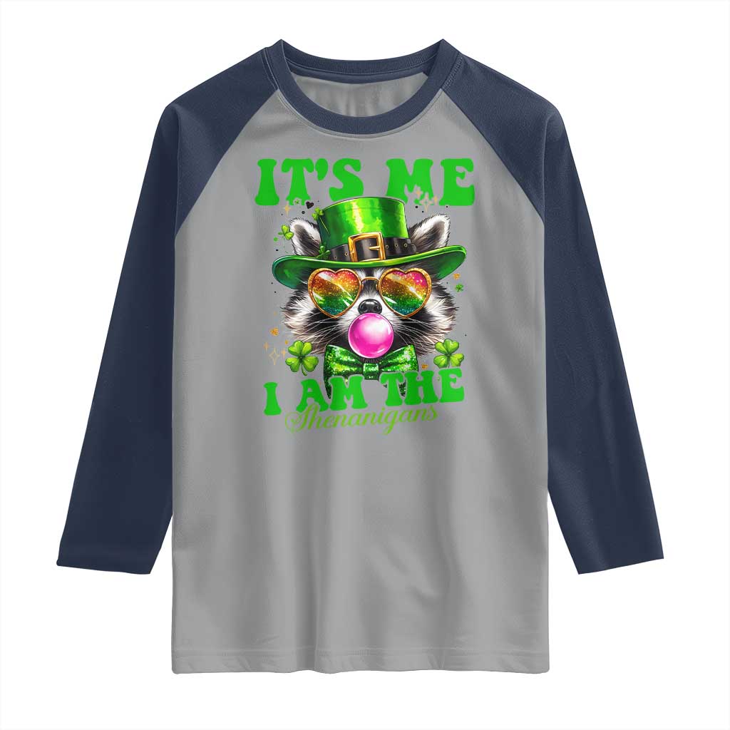 Funny It's Me I Am The Shenanigans Raglan Shirt St Patrick's Day Racoon Shamrock TS11 Sport Gray Navy Print Your Wear
