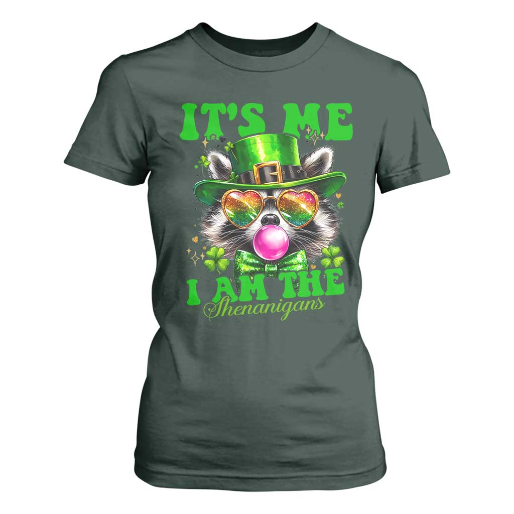 Funny It's Me I Am The Shenanigans T Shirt For Women St Patrick's Day Racoon Shamrock TS11 Dark Forest Green Print Your Wear