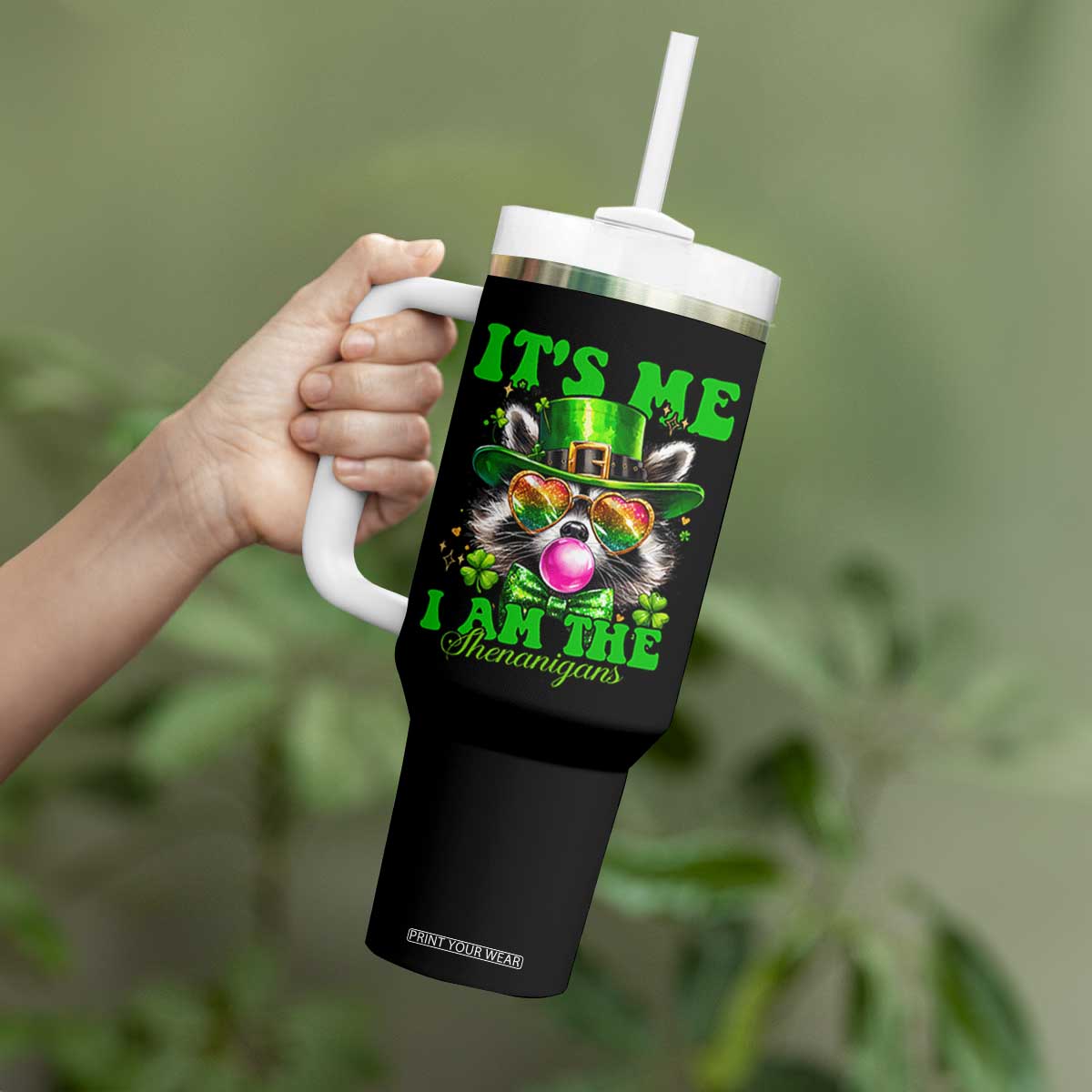 Funny It's Me I Am The Shenanigans Tumbler With Handle St Patrick's Day Racoon Shamrock TS11 Print Your Wear