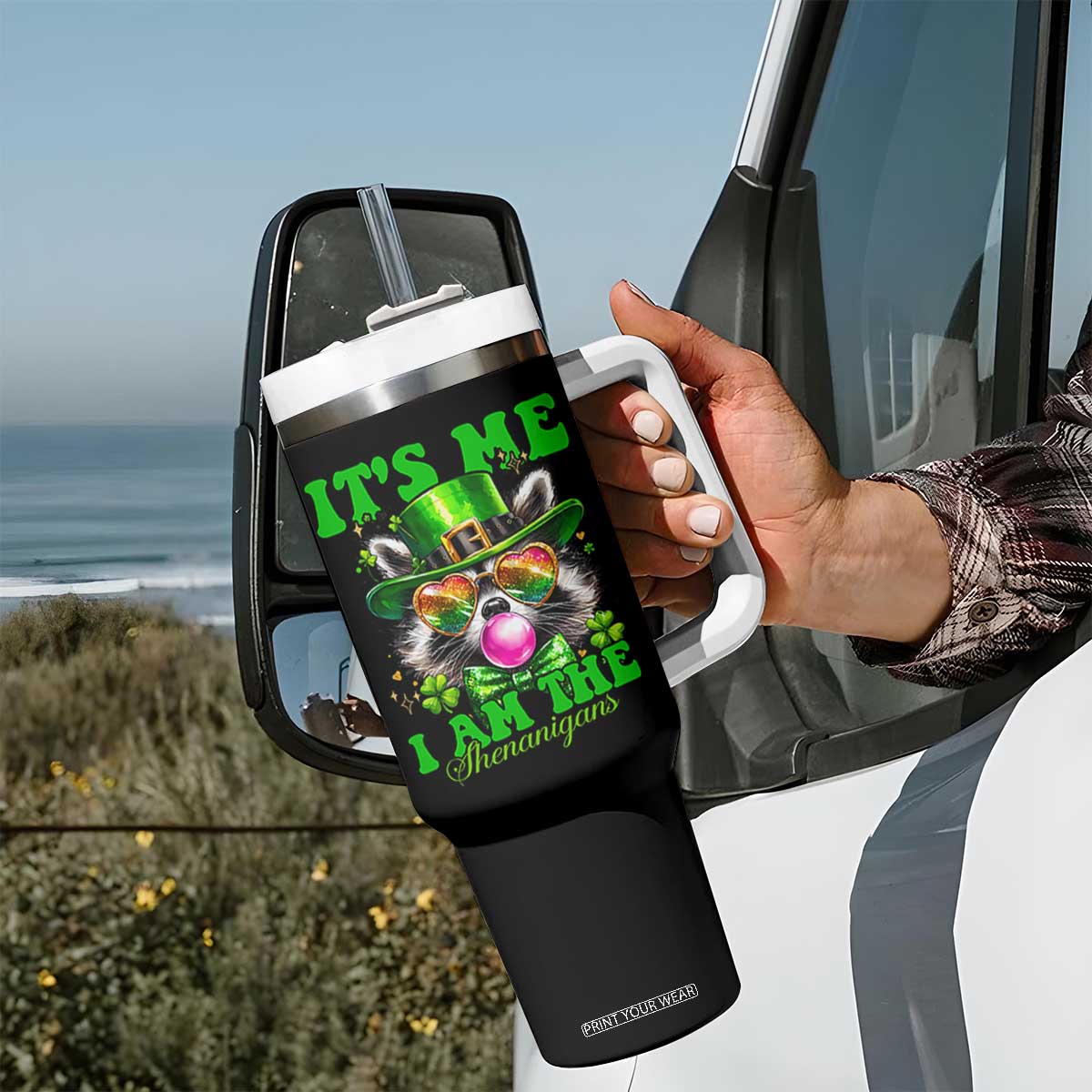 Funny It's Me I Am The Shenanigans Tumbler With Handle St Patrick's Day Racoon Shamrock TS11 Print Your Wear