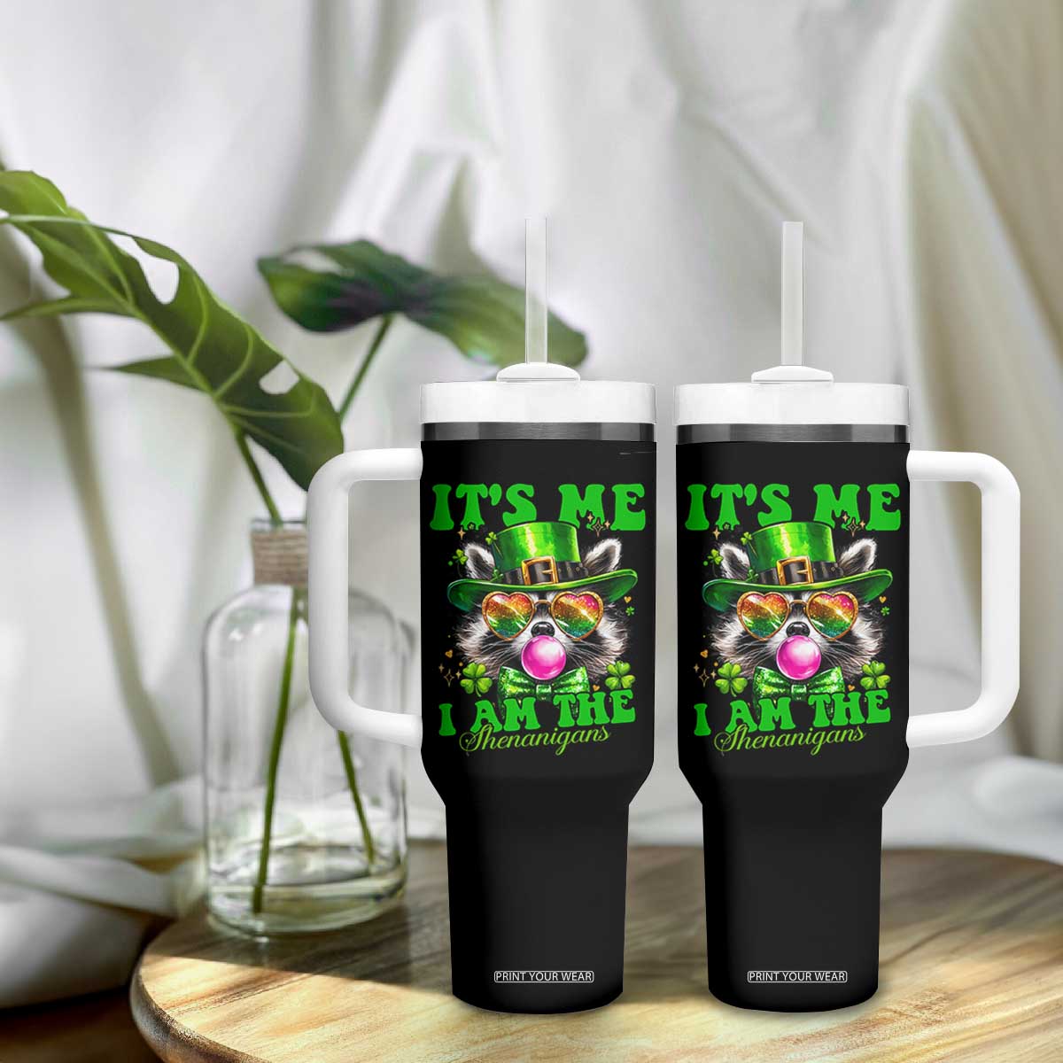 Funny It's Me I Am The Shenanigans Tumbler With Handle St Patrick's Day Racoon Shamrock TS11 Print Your Wear