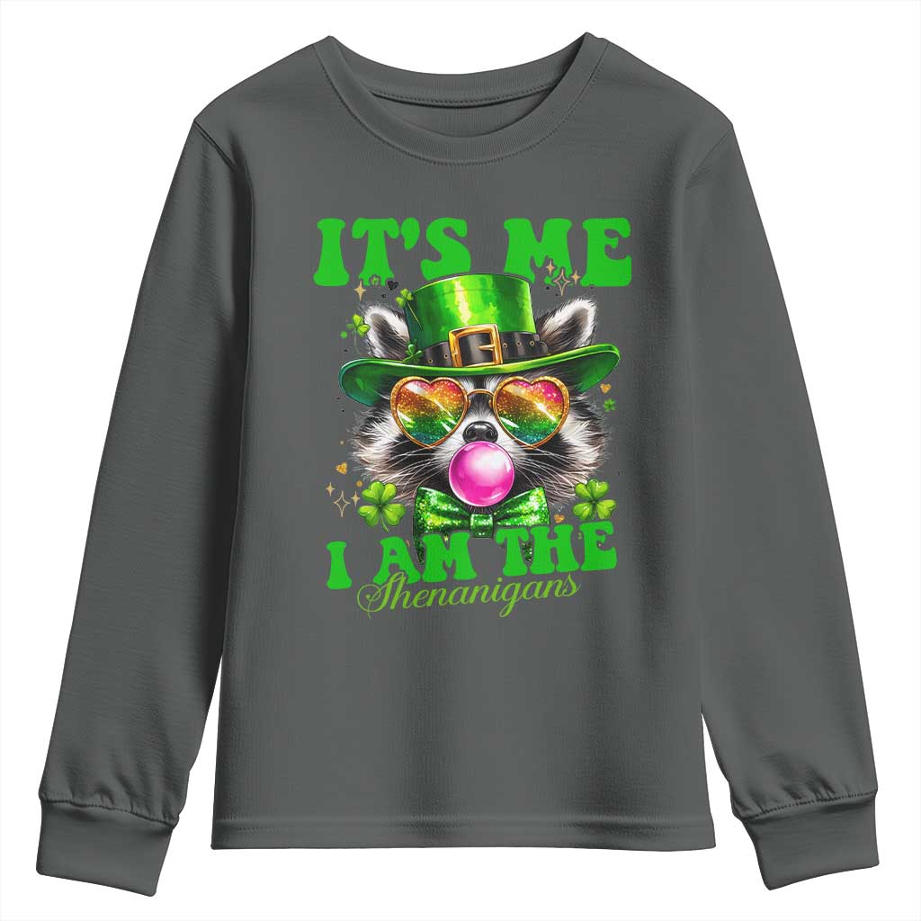 Funny It's Me I Am The Shenanigans Youth Sweatshirt St Patrick's Day Racoon Shamrock TS11 Dark Heather Print Your Wear