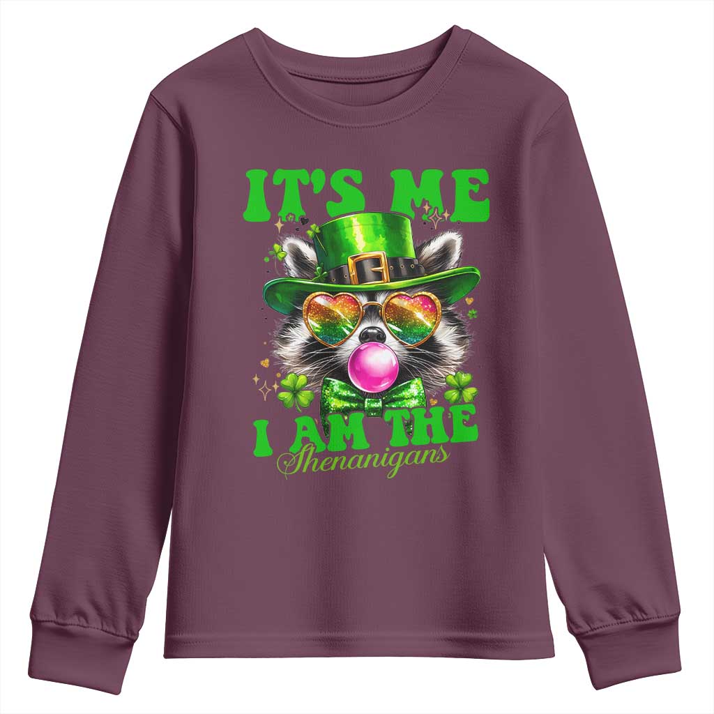Funny It's Me I Am The Shenanigans Youth Sweatshirt St Patrick's Day Racoon Shamrock TS11 Maroon Print Your Wear