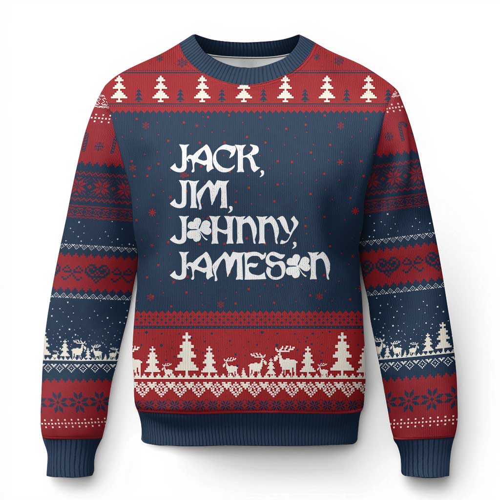 Jack Jim Johnny Jameson St Patricks Day Whiskey Shamrock Ugly Christmas Sweater TS11 Navy Red Print Your Wear
