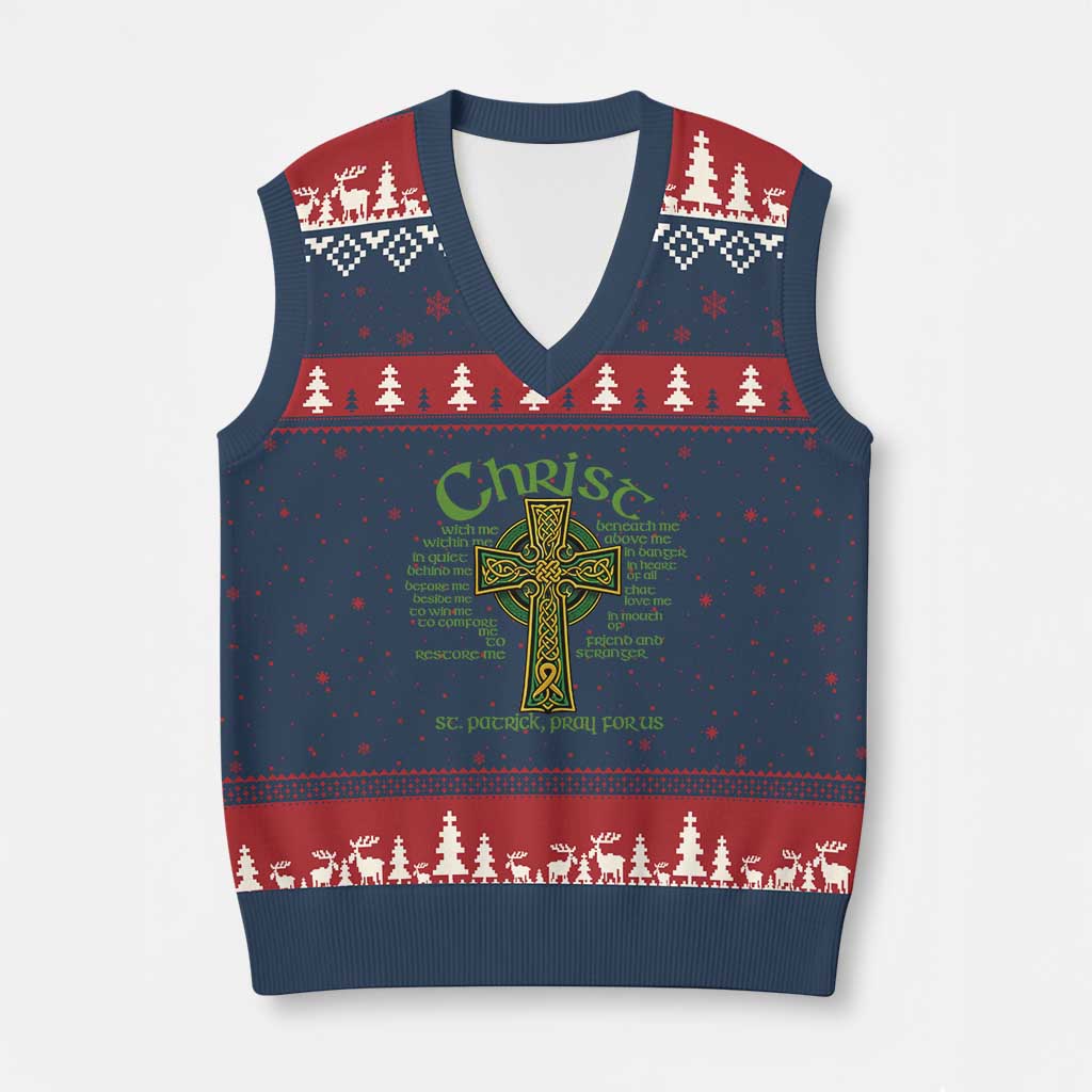 Christ St Patrick Pray For Us Christian Catholic Religious Celtic Cross V-Neck Knit Sweater Vest TS11 Navy Red Print Your Wear