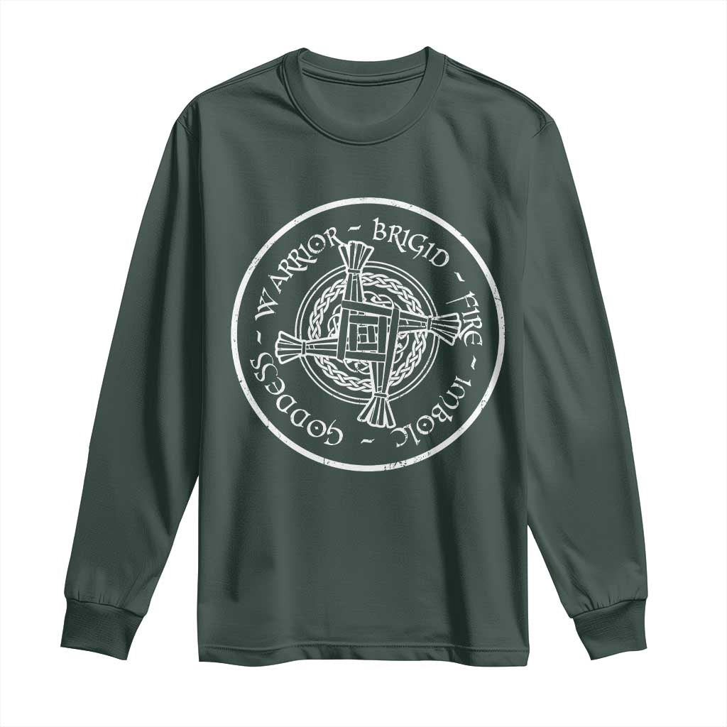 St Brigids Day Long Sleeve Shirt Warrior Brigid Fire Imbloc Goddess Gaelic Willow Cross TS11 Dark Forest Green Print Your Wear