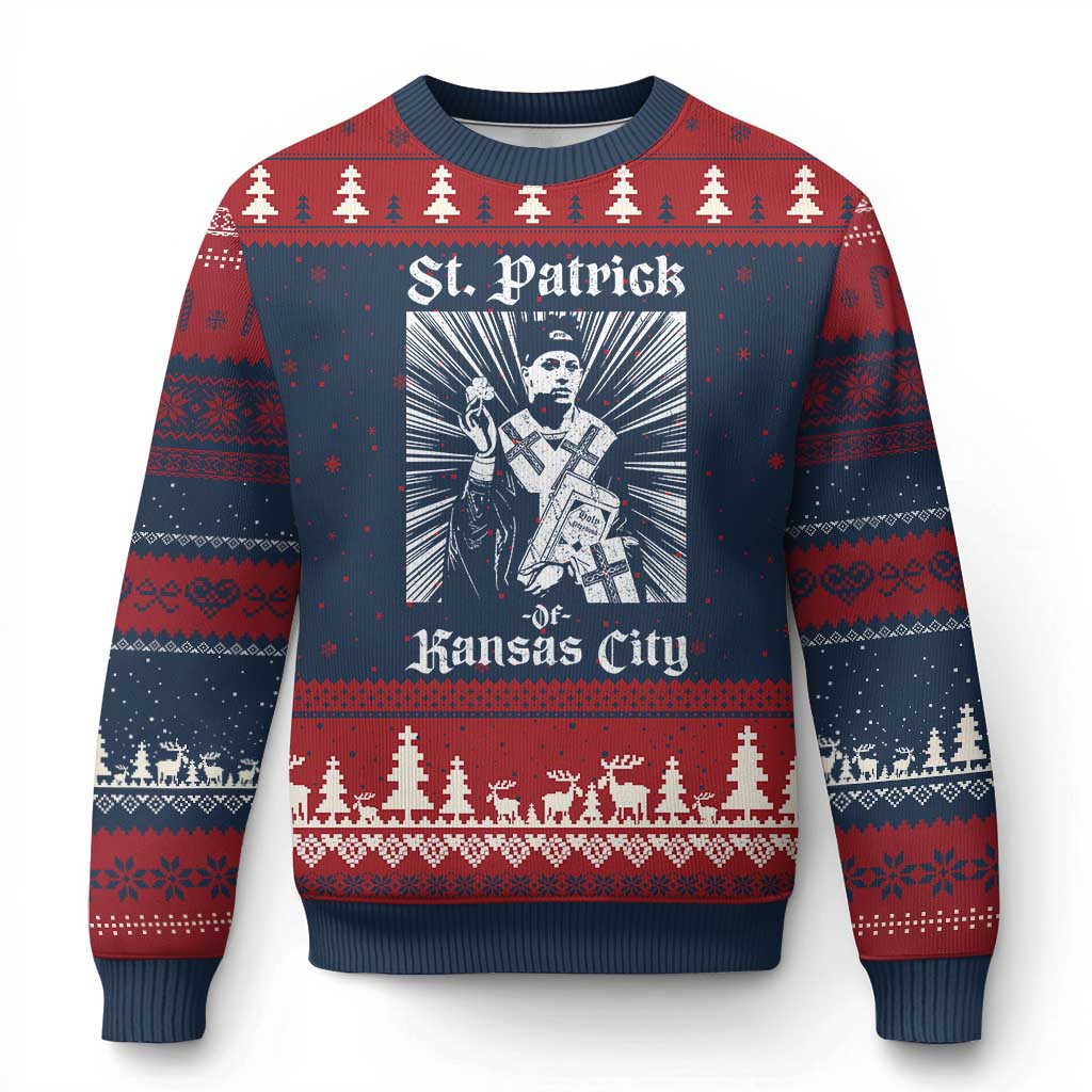 St Patrick Of Kansas City Ugly Christmas Sweater Funny St Patricks Day Missouri State Football Fan TS11 Navy Red Print Your Wear