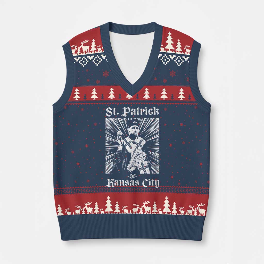 St Patrick Of Kansas City V-Neck Knit Sweater Vest Funny St Patricks Day Missouri State Football Fan TS11 Navy Red Print Your Wear