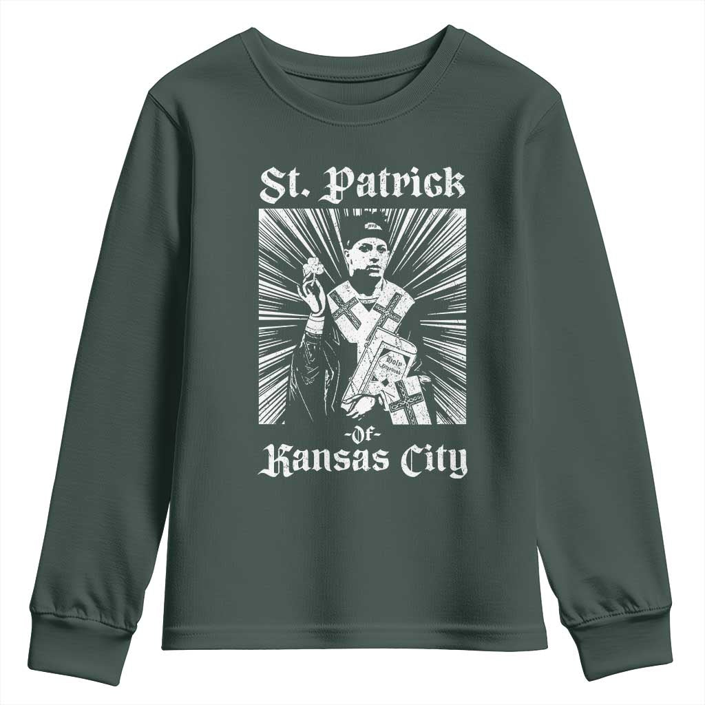 St Patrick Of Kansas City Youth Sweatshirt Funny St Patricks Day Missouri State Football Fan TS11 Dark Forest Green Print Your Wear