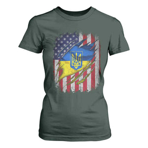 Ukrainian Americans Pride T Shirt For Women Vintage Ukraine USA Flag TS11 Dark Forest Green Print Your Wear