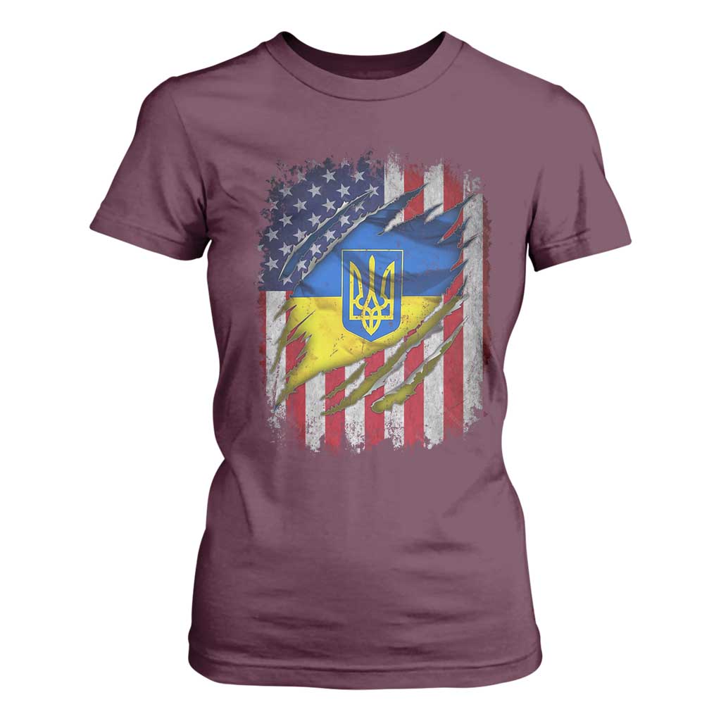 Ukrainian Americans Pride T Shirt For Women Vintage Ukraine USA Flag TS11 Maroon Print Your Wear