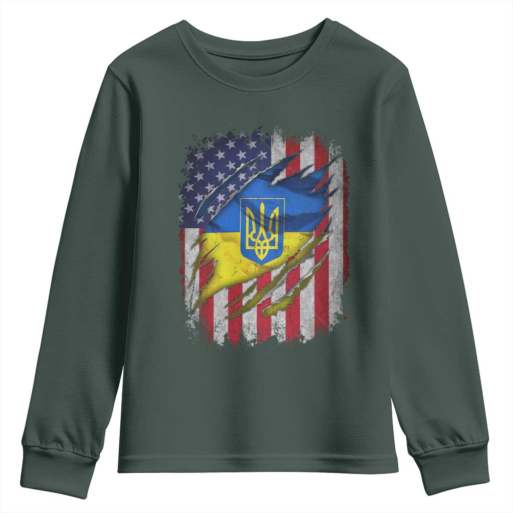 Ukrainian Americans Pride Youth Sweatshirt Vintage Ukraine USA Flag TS11 Dark Forest Green Print Your Wear