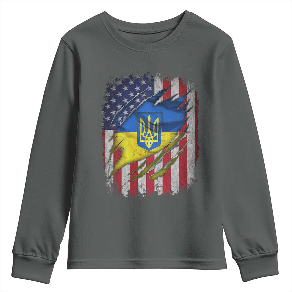 Ukrainian Americans Pride Youth Sweatshirt Vintage Ukraine USA Flag TS11 Dark Heather Print Your Wear