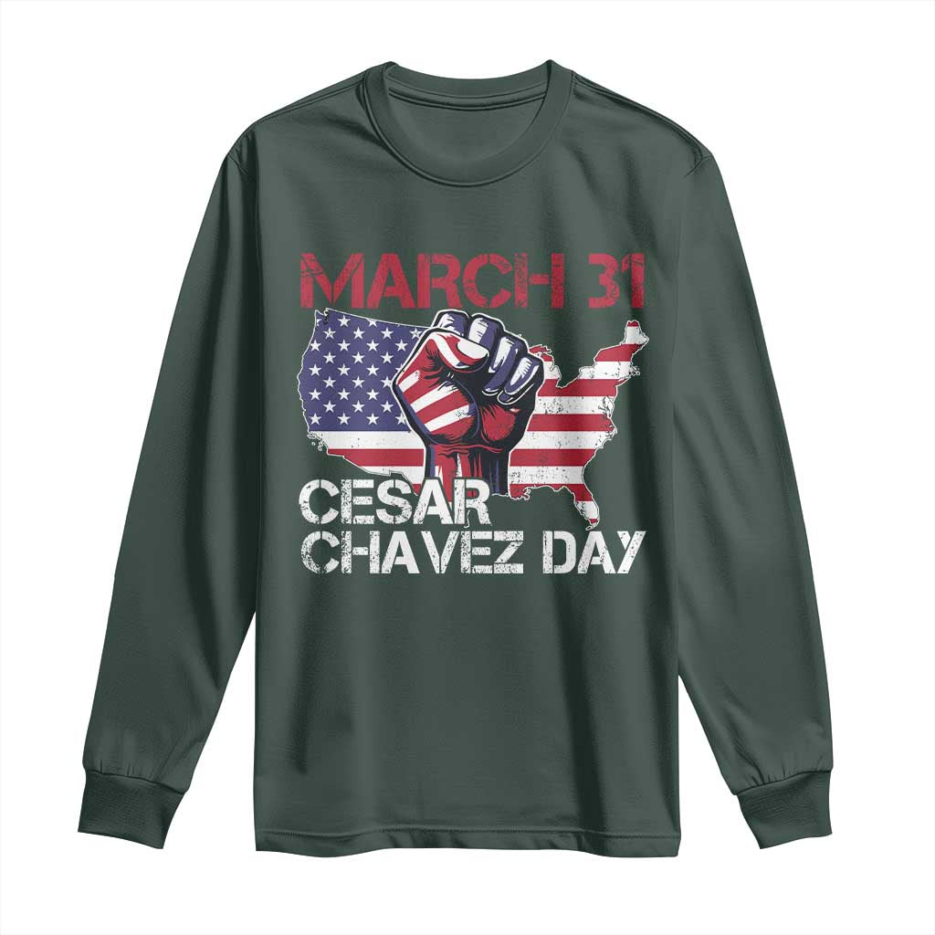Cesar Chavez Day Long Sleeve Shirt March 31 Hand Fist American Flag TS11 Dark Forest Green Print Your Wear