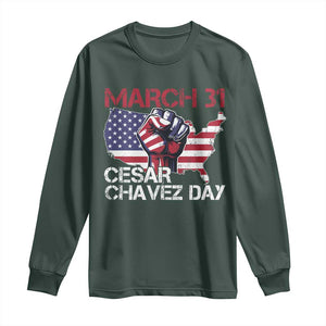 Cesar Chavez Day Long Sleeve Shirt March 31 Hand Fist American Flag TS11 Dark Forest Green Print Your Wear