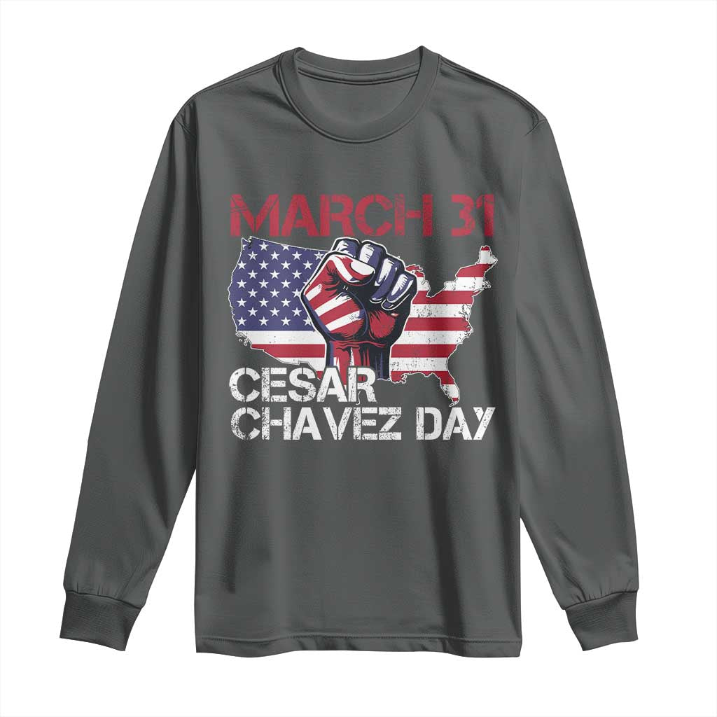 Cesar Chavez Day Long Sleeve Shirt March 31 Hand Fist American Flag TS11 Dark Heather Print Your Wear