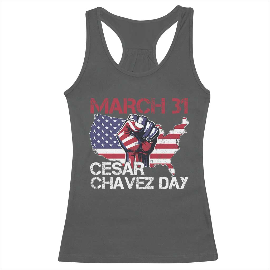 Cesar Chavez Day Racerback Tank Top March 31 Hand Fist American Flag TS11 Dark Heather Print Your Wear