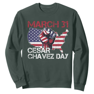 Cesar Chavez Day Sweatshirt March 31 Hand Fist American Flag TS11 Dark Forest Green Print Your Wear