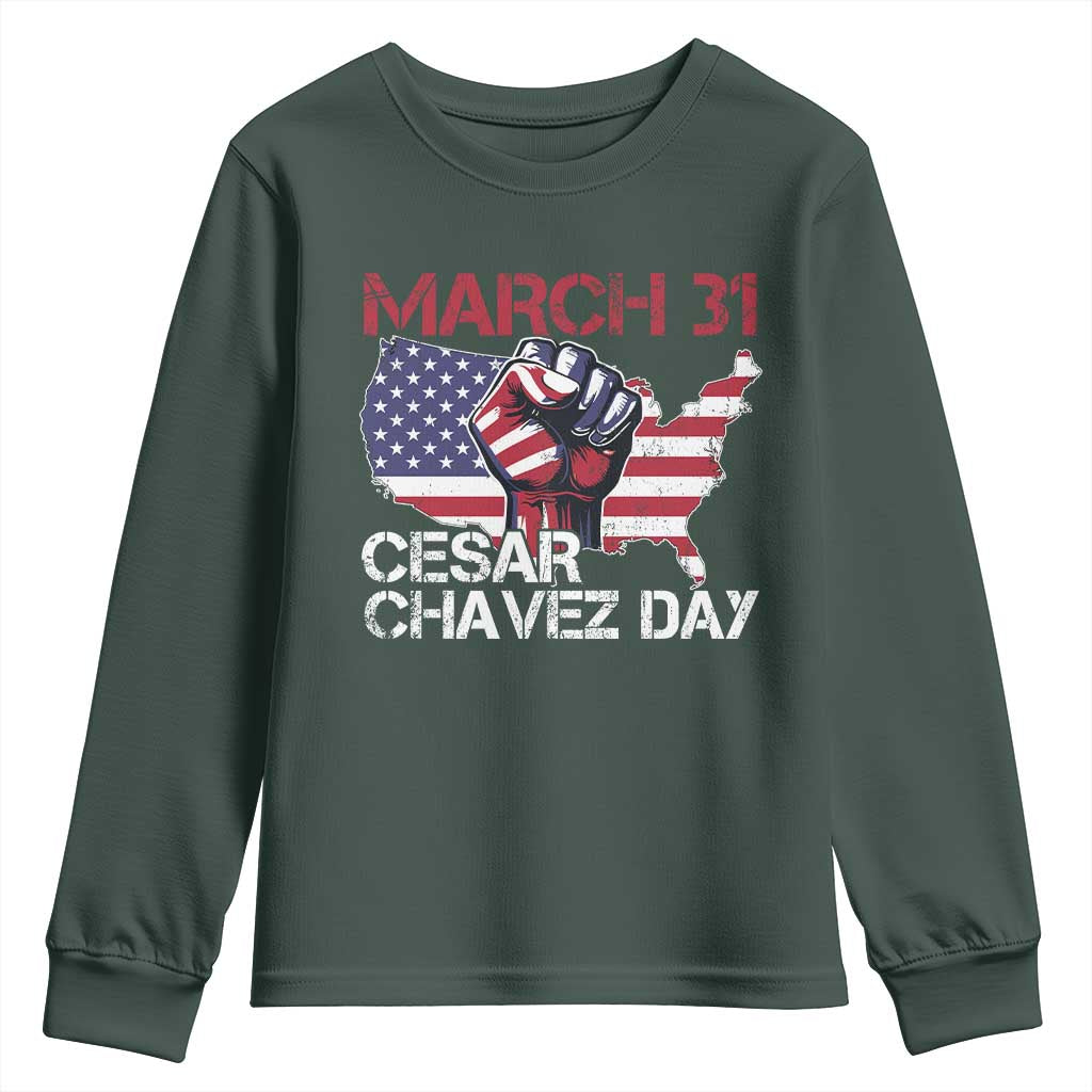 Cesar Chavez Day Youth Sweatshirt March 31 Hand Fist American Flag TS11 Dark Forest Green Print Your Wear