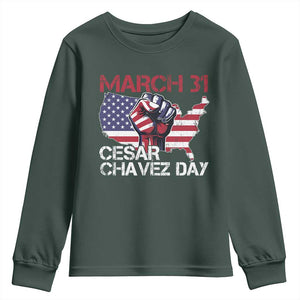Cesar Chavez Day Youth Sweatshirt March 31 Hand Fist American Flag TS11 Dark Forest Green Print Your Wear