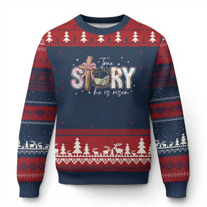 True Story He Is Risen Ugly Christmas Sweater Christian Easter Day Religious Bible Verse TS11 Navy Red Print Your Wear