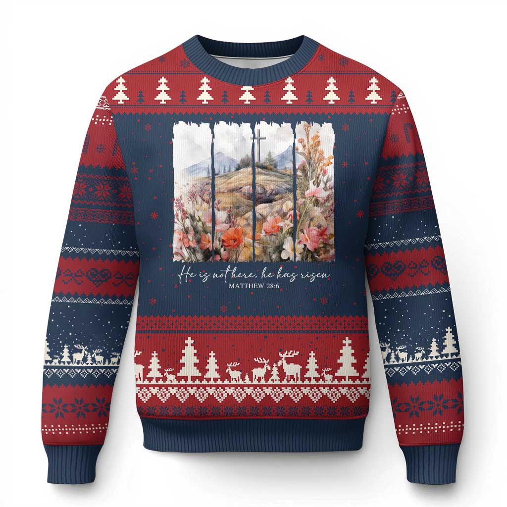 He Is Not Here He Has Risen Ugly Christmas Sweater Christian Easter Religious Bible Verse TS11 Navy Red Print Your Wear