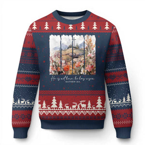 He Is Not Here He Has Risen Ugly Christmas Sweater Christian Easter Religious Bible Verse TS11 Navy Red Print Your Wear