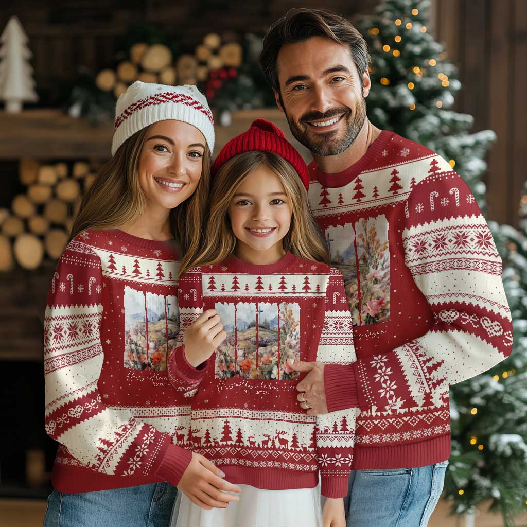 He Is Not Here He Has Risen Ugly Christmas Sweater Christian Easter Religious Bible Verse TS11 Red Beige Print Your Wear