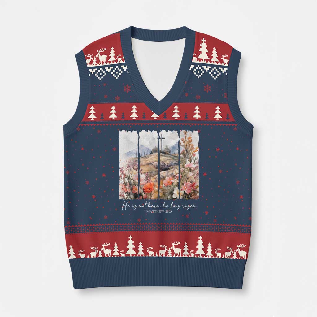 He Is Not Here He Has Risen V-Neck Knit Sweater Vest Christian Easter Religious Bible Verse TS11 Navy Red Print Your Wear