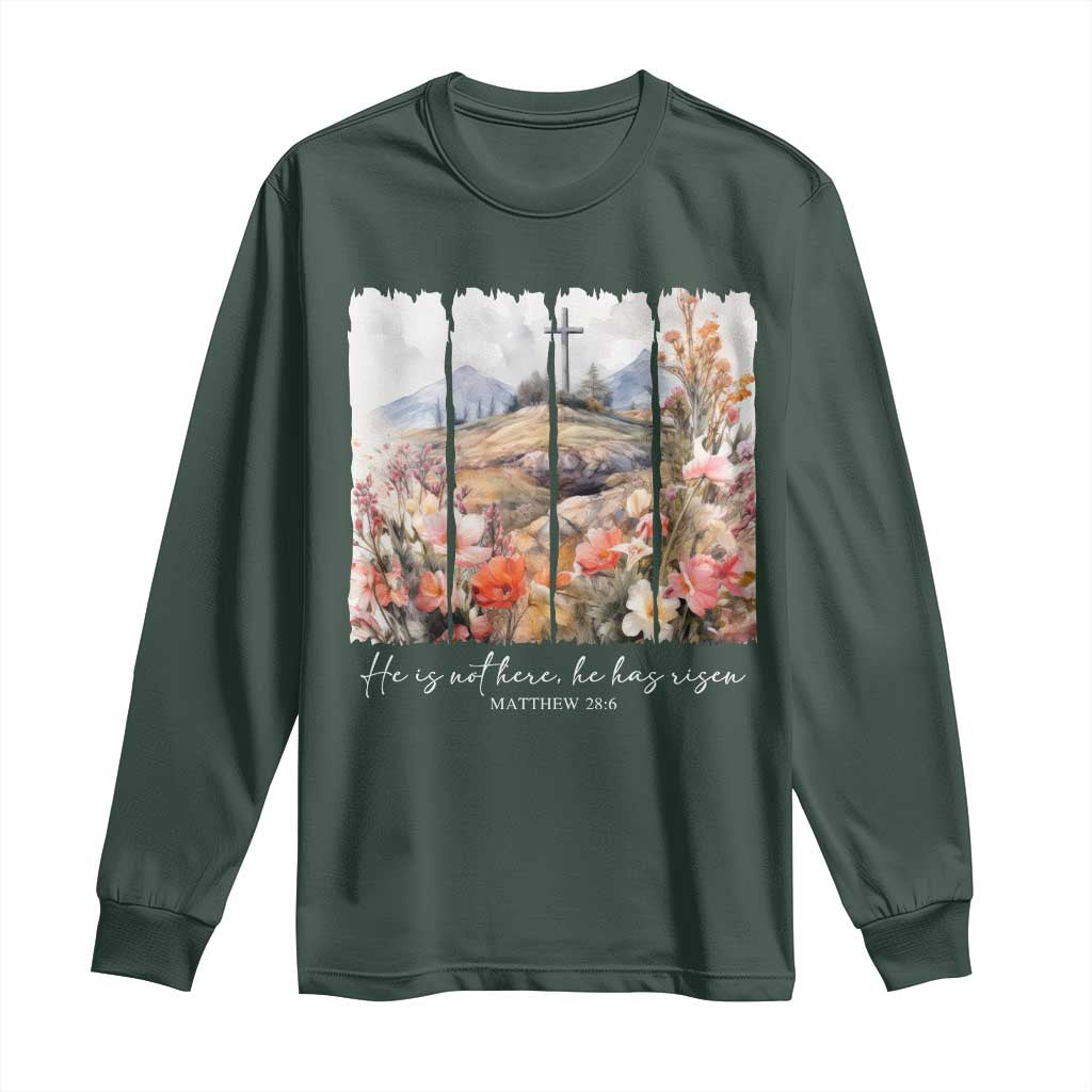 He Is Not Here He Has Risen Long Sleeve Shirt Christian Easter Religious Bible Verse TS11 Dark Forest Green Print Your Wear