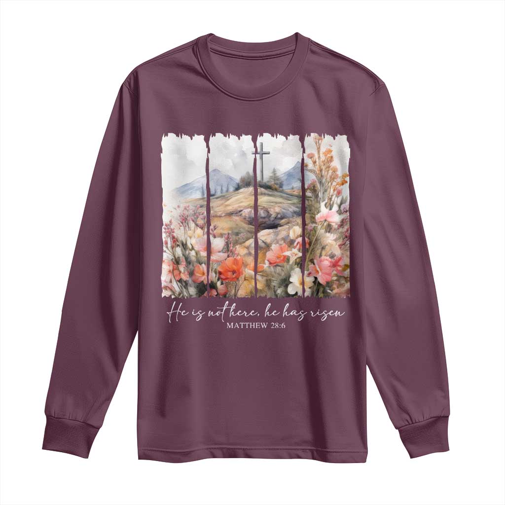 He Is Not Here He Has Risen Long Sleeve Shirt Christian Easter Religious Bible Verse TS11 Maroon Print Your Wear