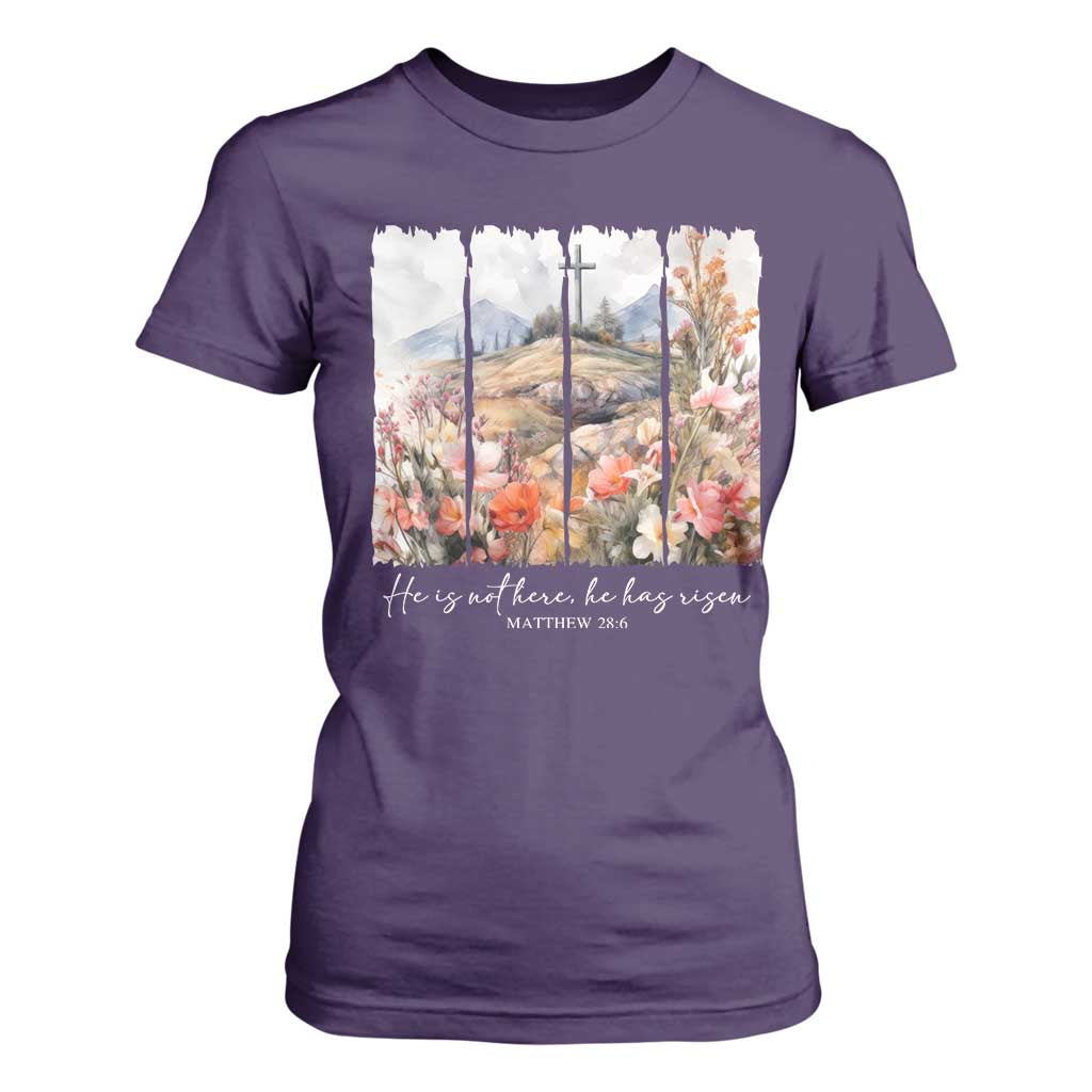 He Is Not Here He Has Risen T Shirt For Women Christian Easter Religious Bible Verse TS11 Purple Print Your Wear