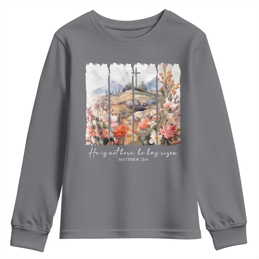 He Is Not Here He Has Risen Youth Sweatshirt Christian Easter Religious Bible Verse TS11 Charcoal Print Your Wear