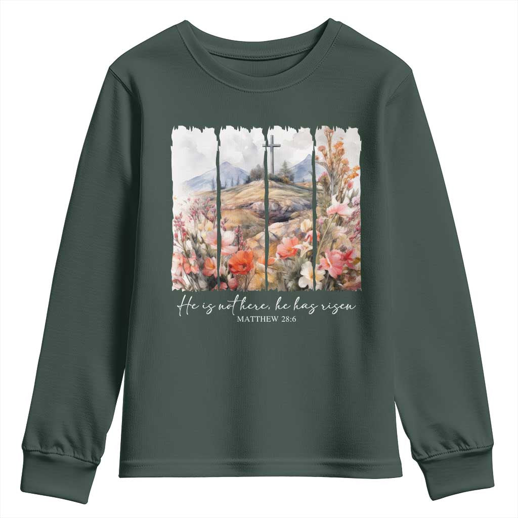 He Is Not Here He Has Risen Youth Sweatshirt Christian Easter Religious Bible Verse TS11 Dark Forest Green Print Your Wear